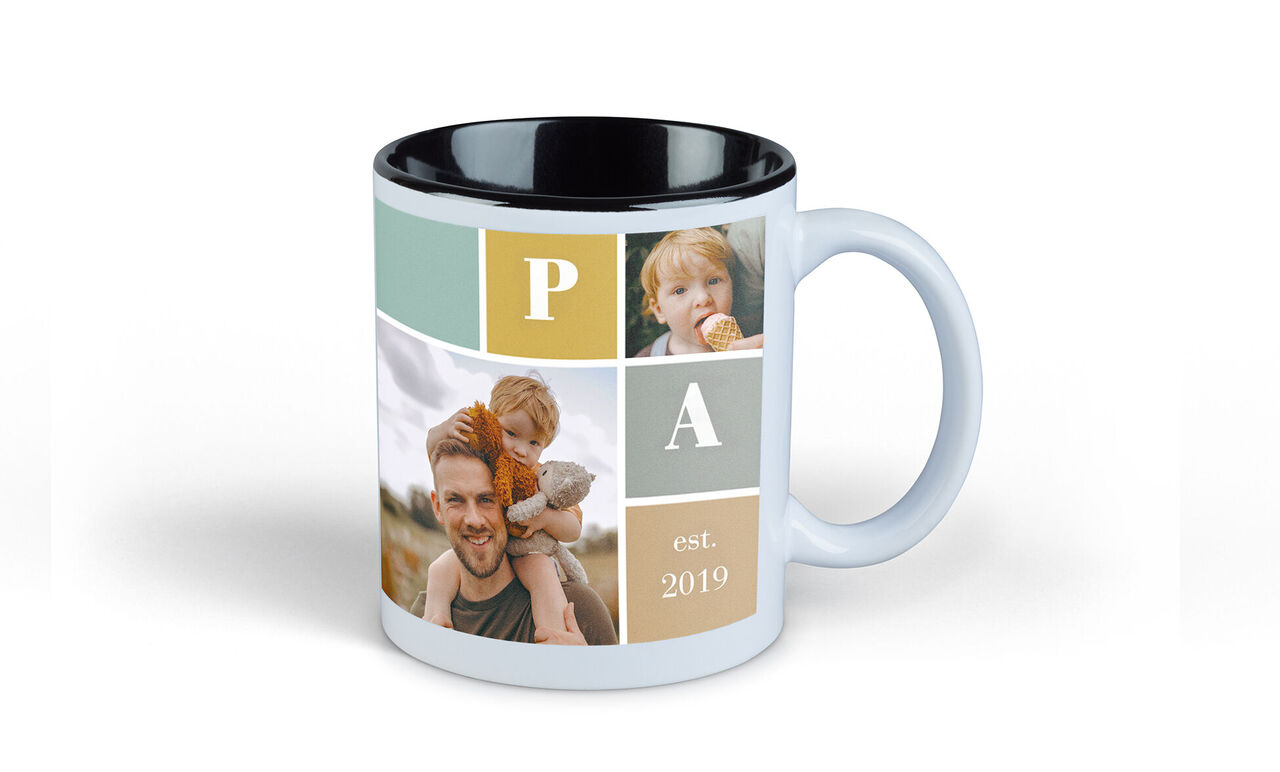 Taza con fotos personalizadas, marcos coloridos y año.