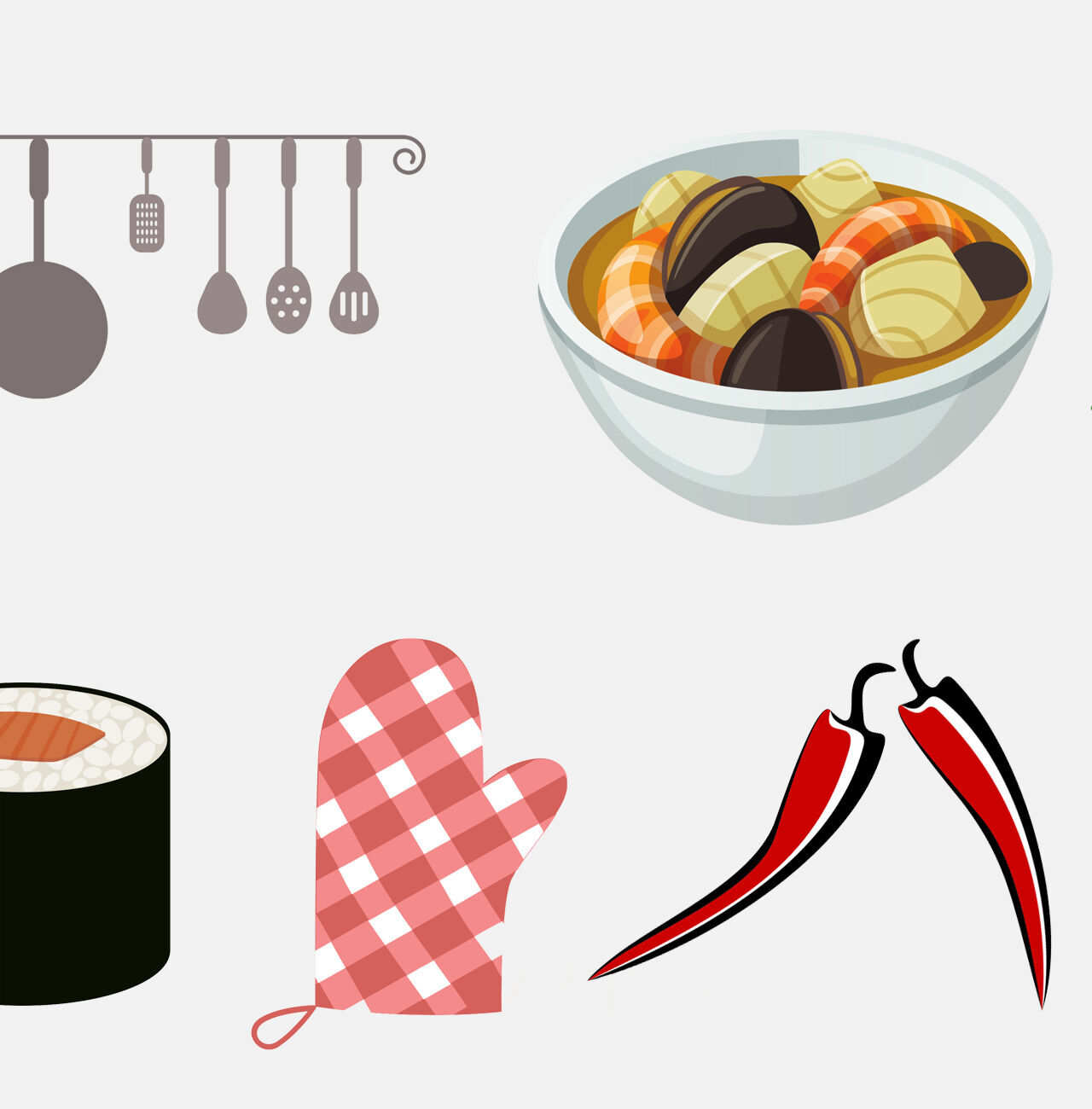 Un plato hondo con guiso colorido, junto a utensilios, un guante de cocina, sushi y pimientos rojos.