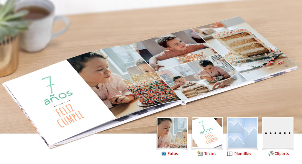 Un álbum CEWE para cumpleaños, con tartas coloridas y niños felices.