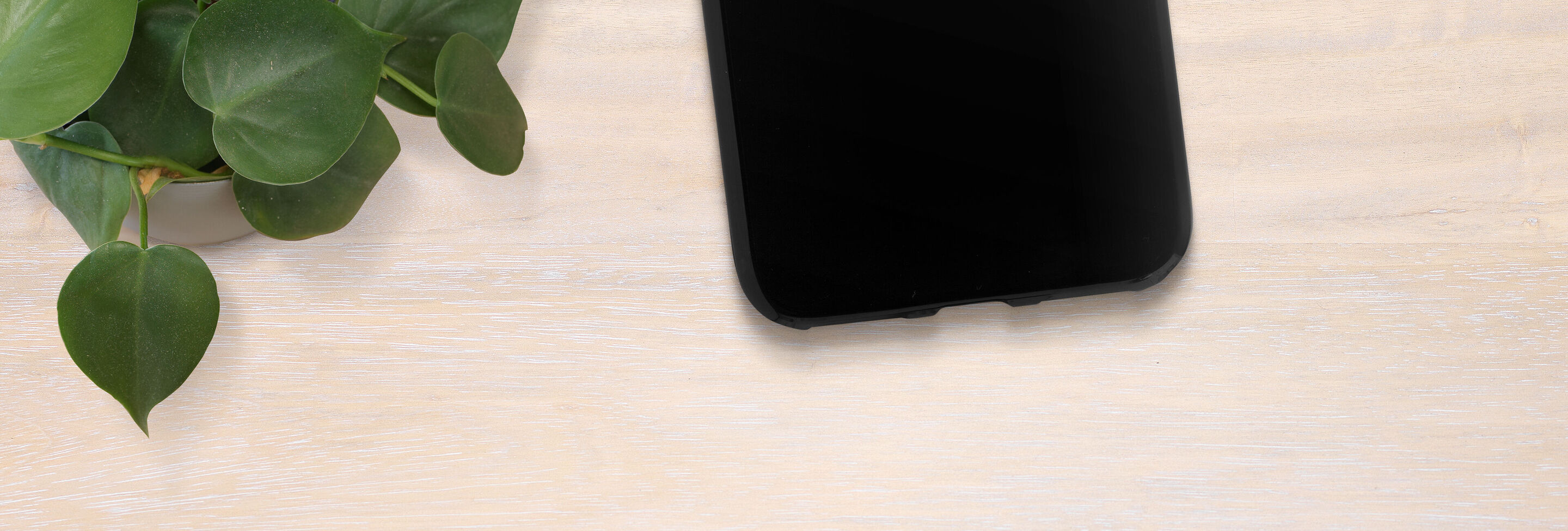 Smartphone negro sobre una superficie de madera con una planta verde al lado