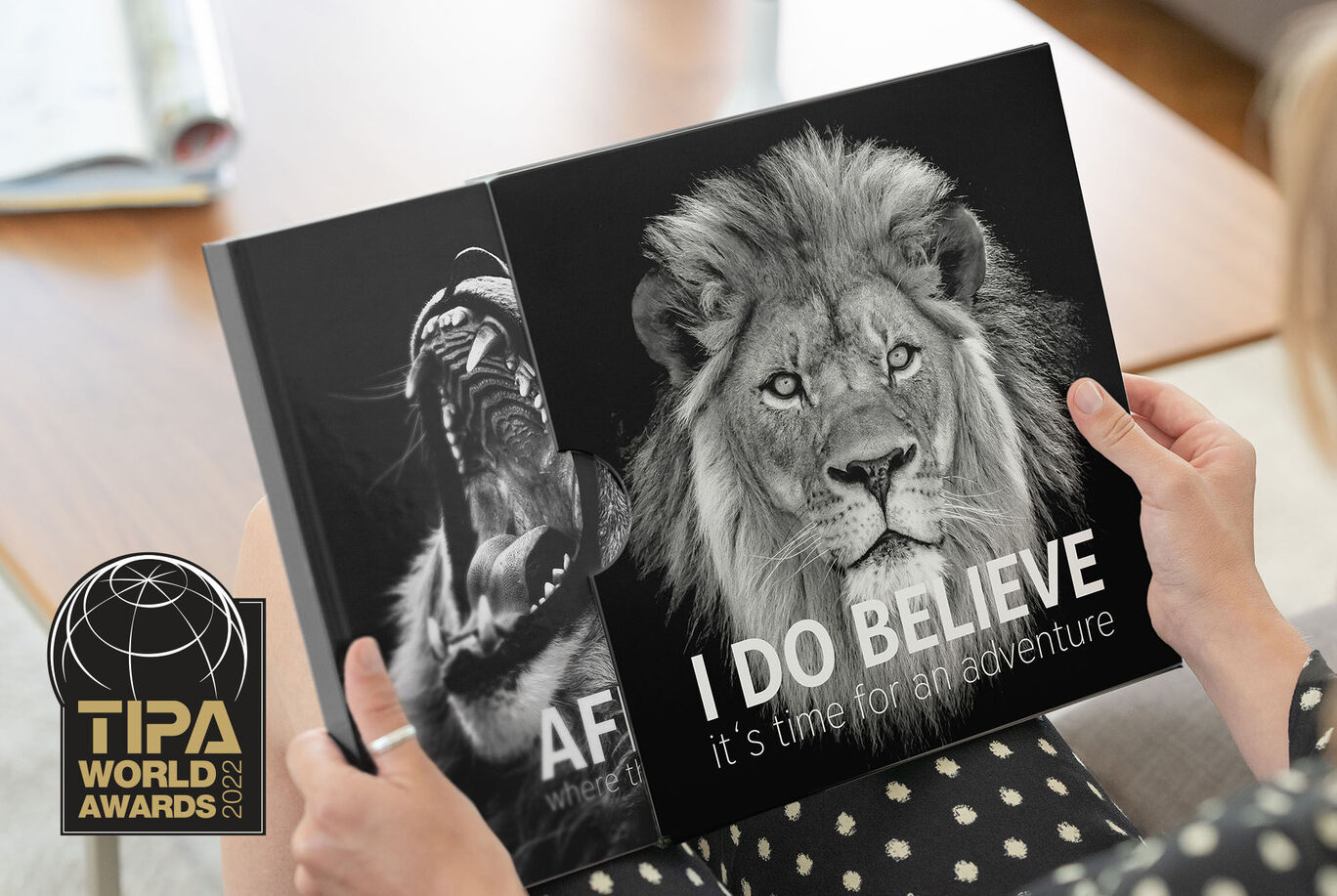 Dos impresionantes retratos de leones en la portada de un fotobuch con el texto: "CREO que es hora de una aventura"