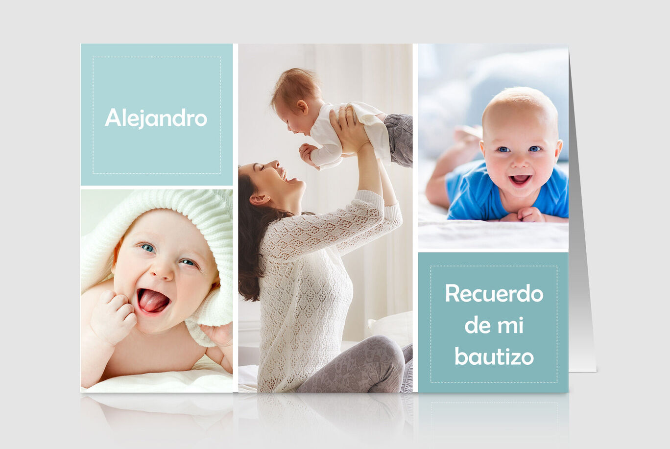 Una madre levanta a su bebé sonriente en una foto amorosa con textos y otras imágenes infantiles.