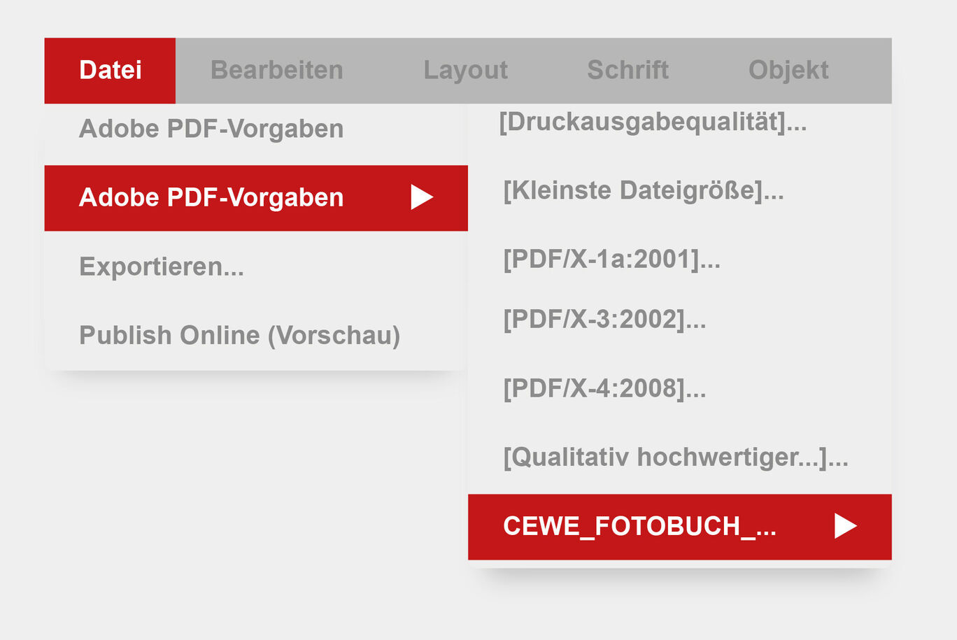 Captura de pantalla de un software con opciones como "Configuraciones de PDF de Adobe" y selección de un CEWE Fotobuch.