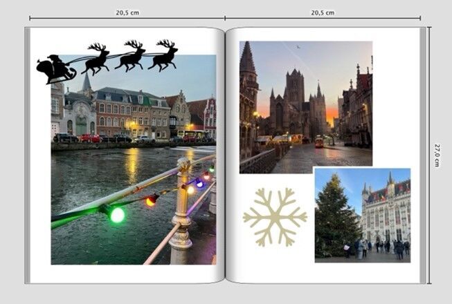 Una escena navideña con un canal iluminado por luces festivas.