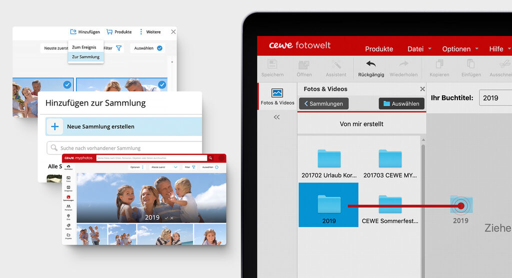 Captura de pantalla de colección de fotos y videos en el software CEWE Fotowelt.