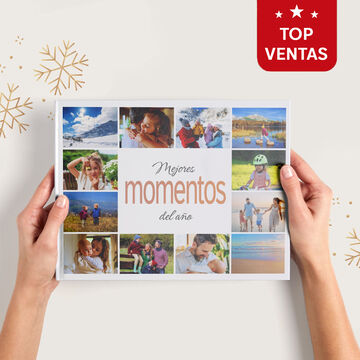 Manos sosteniendo un CEWE FOTOBUCH con momentos fotográficos, rodeados de motivos de invierno.