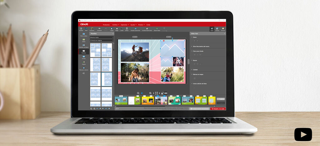 La imagen muestra un portátil abriendo el software de CEWE para diseño de libros de fotos.
