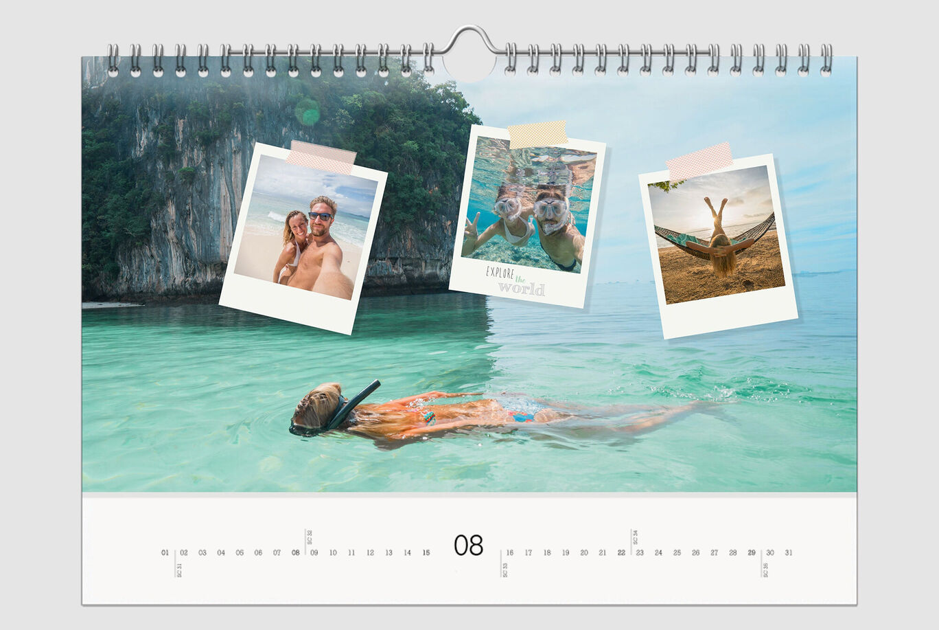 Persona nada en aguas claras con equipo de ocio, fotos de recuerdos en el calendario.