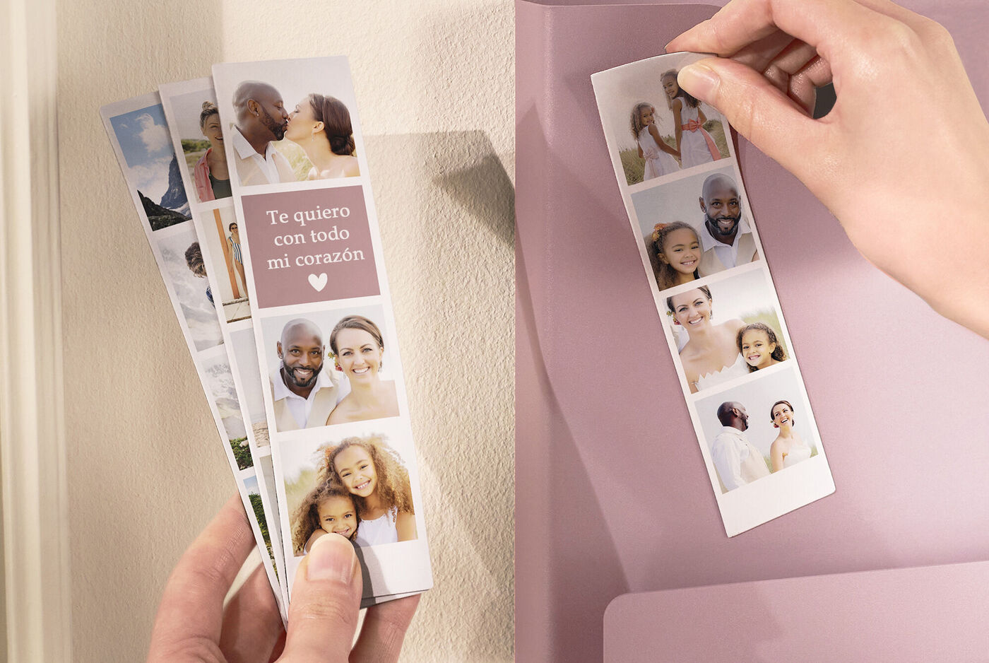 Una persona saca una tarjeta CEWE con fotos que muestra momentos afectuosos.