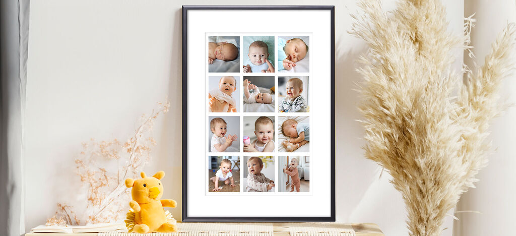 Collage de adorables fotos de bebés en un elegante marco
