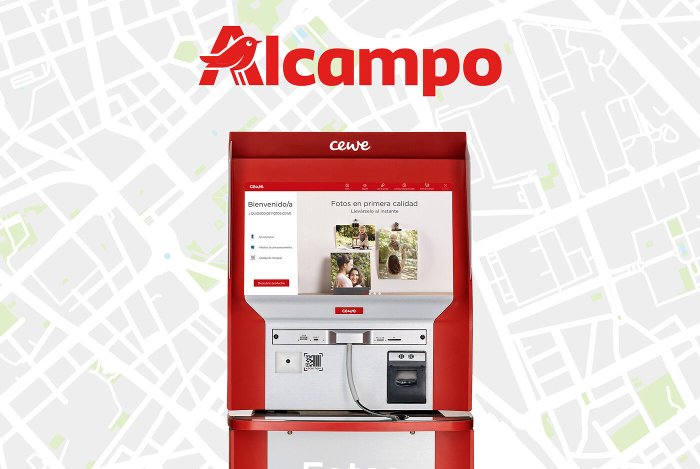 Kiosco de Alcampo con función CEWE para impresión y pedidos de fotos.