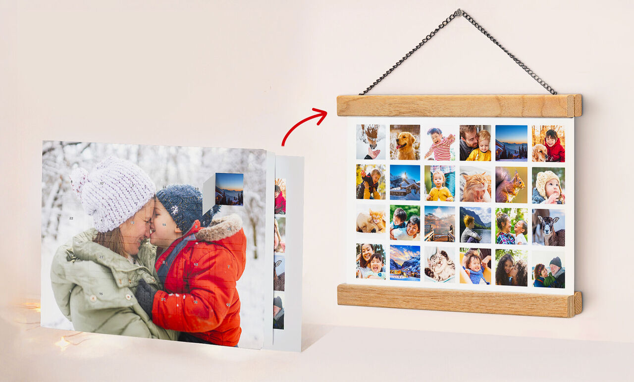 calendario de Adviento con fotos y soporte de madera para el interior