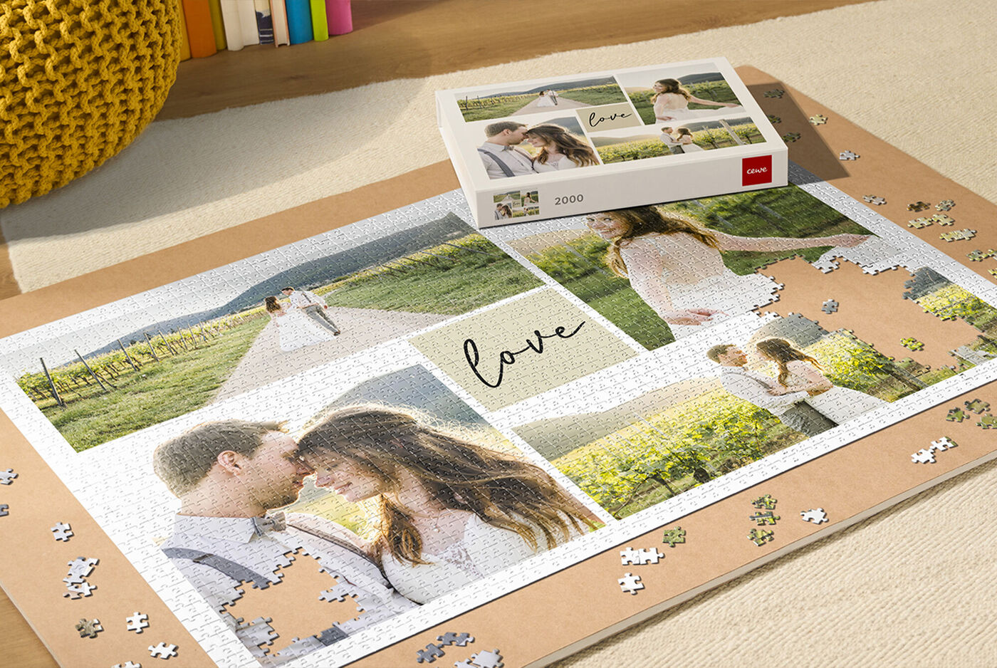 Puzzle fotográfico personalizado con imágenes de una pareja romántica, con la palabra "love" en el centro, junto a su caja de presentación.