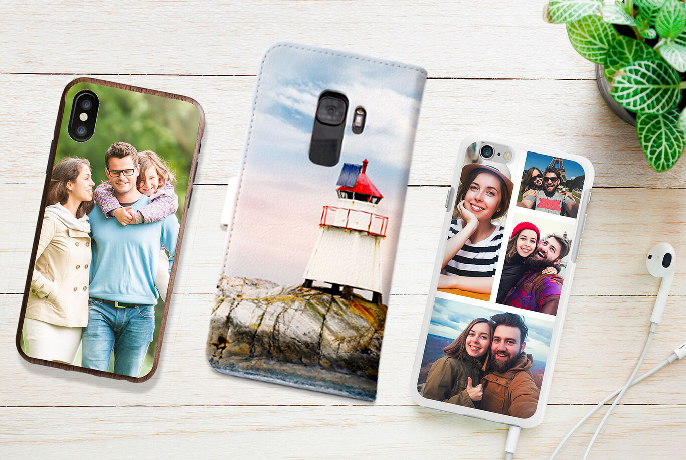 Fundas de smartphones diseñadas con fotos personales, como una familia feliz y un faro.