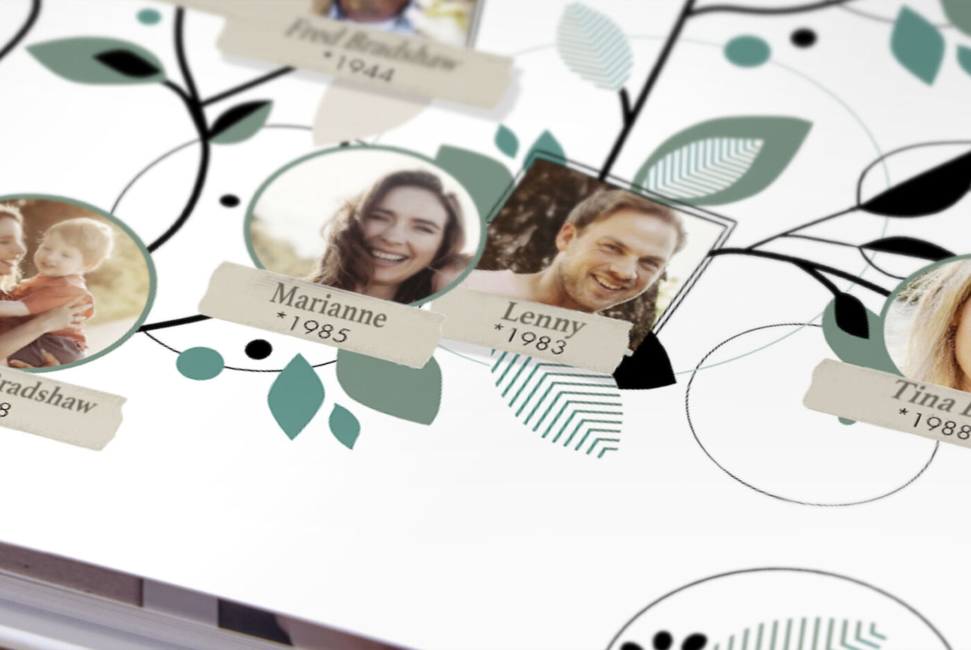 rbol genealógico personalizado con fotos y nombres de familiares sobre diseño floral.