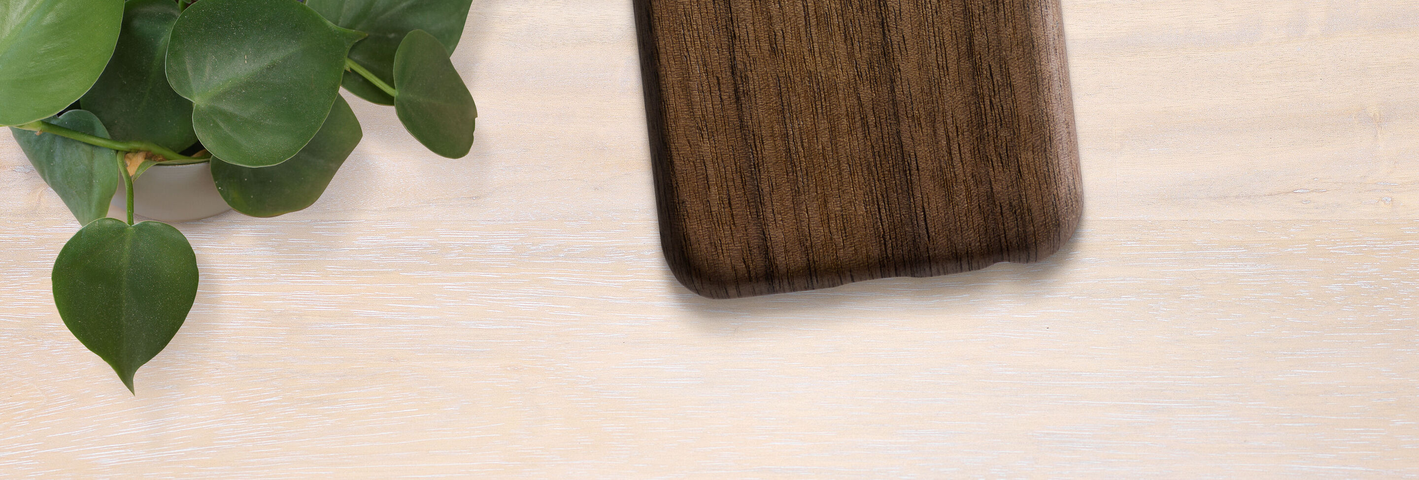 Funda de teléfono color madera sobre mesa clara con planta