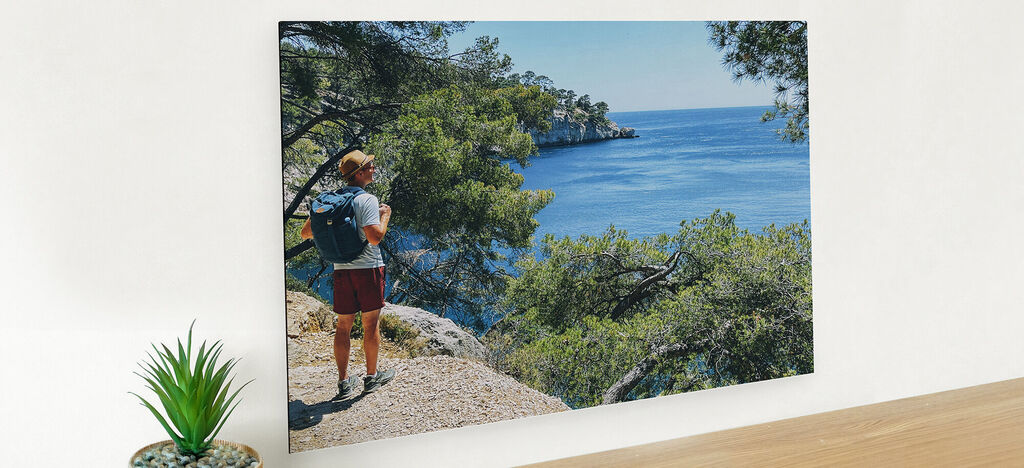 Una persona con mochila está en un camino pedregoso mirando el agua azul y los árboles.