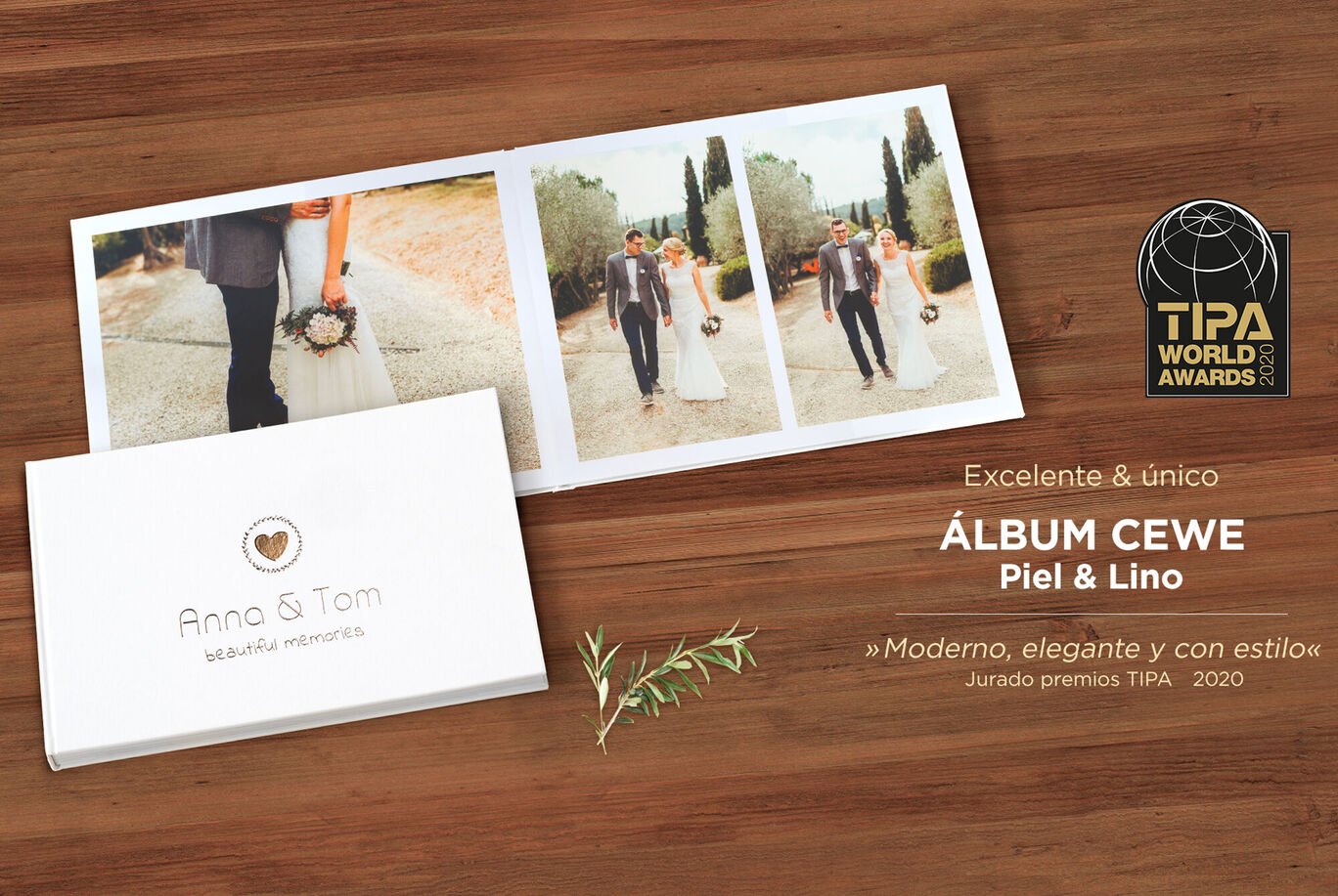 Un libro fotográfico CEWE de calidad titulado 'Anna & Tom', mostrando una pareja feliz el día de su boda.