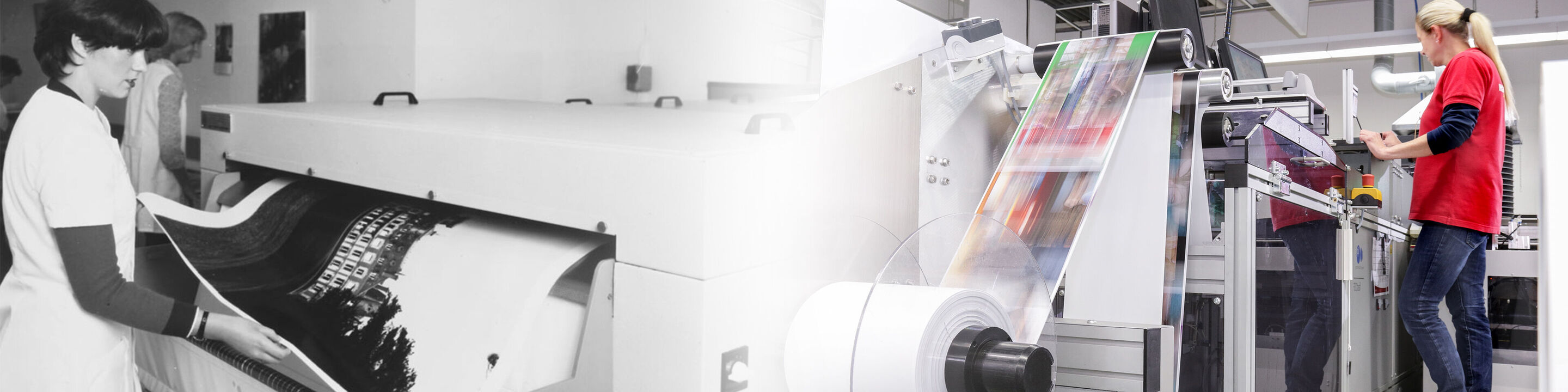 Dos mujeres junto a máquinas de impresión. A la izquierda, una mujer trabaja en una imprenta antigua, a la derecha, una mujer en una máquina moderna.