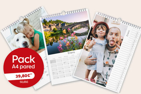 Oferta de un pack de 3 calendarios personalizados de pared A4. Diséñalos como quieras e introduce tu código de descuento.