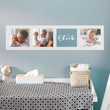 Una decoración alegre con fotos y el texto 'pura felicidad', creando una atmósfera amorosa.