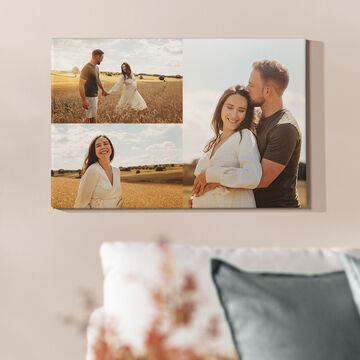 Un encantador collage fotográfico con fotos de pareja en un campo.