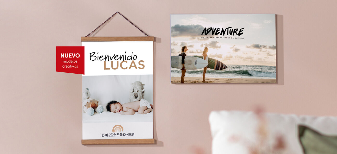 Dos cuadros con un motivo de bienvenida para Lucas y un tema de aventura.