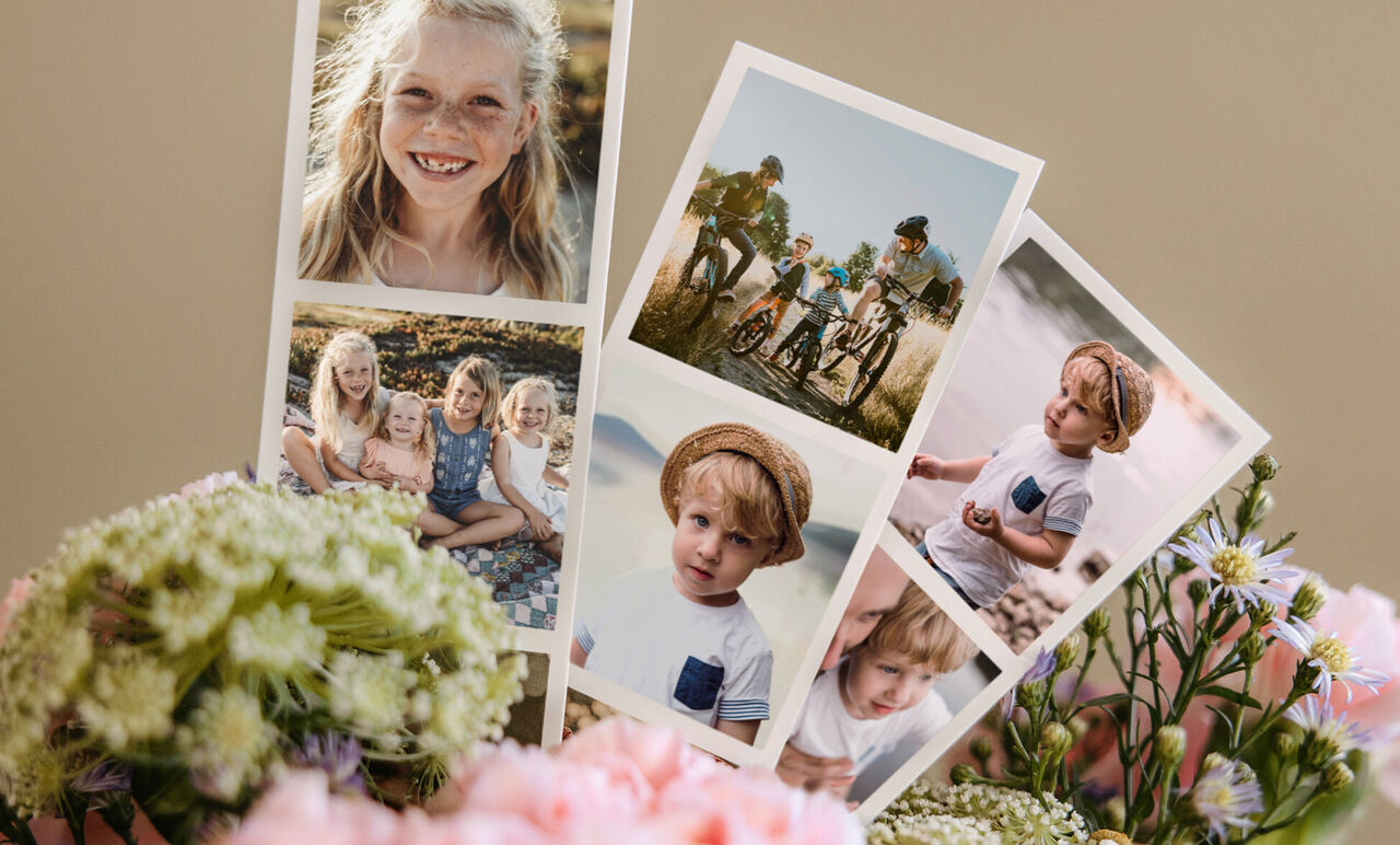 Una disposición cariñosa de fotos que muestran momentos divertidos, rodeados de flores coloridas.