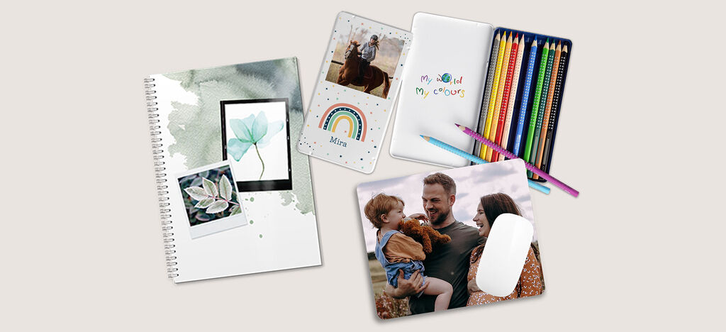 artículos de oficina personalizados con fotos: cuadernos, lápices, cuadernos, alfombrilla para ratón.