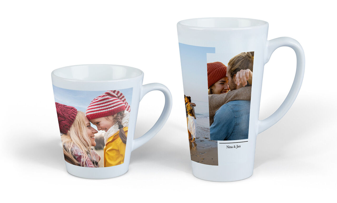 Dos tazas personalizadas, una pequeña y una grande, que representan alegría y recuerdos compartidos
