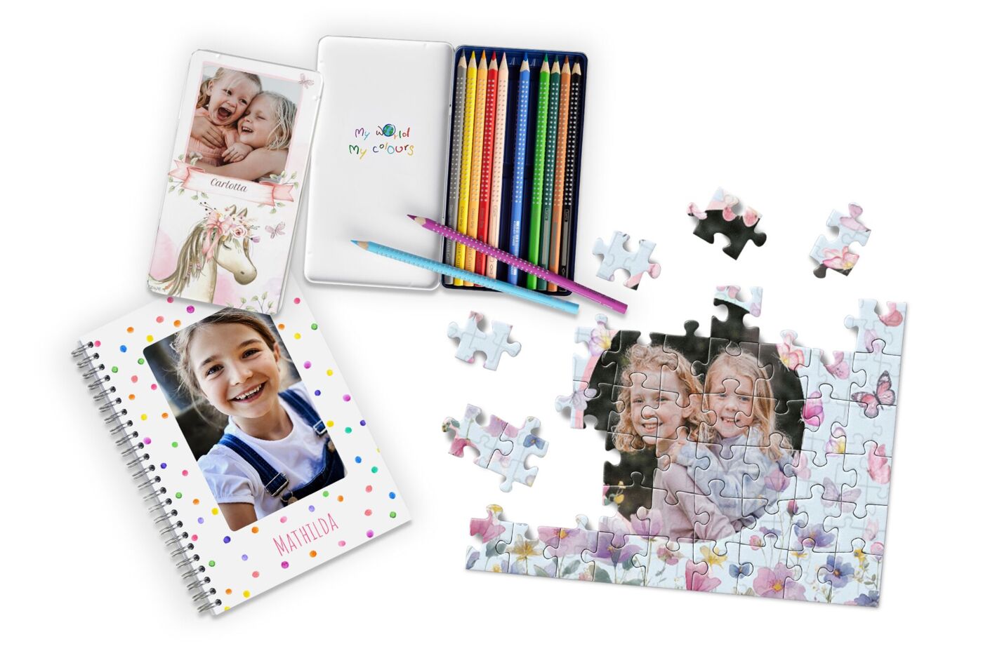 Regalos personalizables para niños como pinturas con caja personalizada, cuadernos o puzzles.