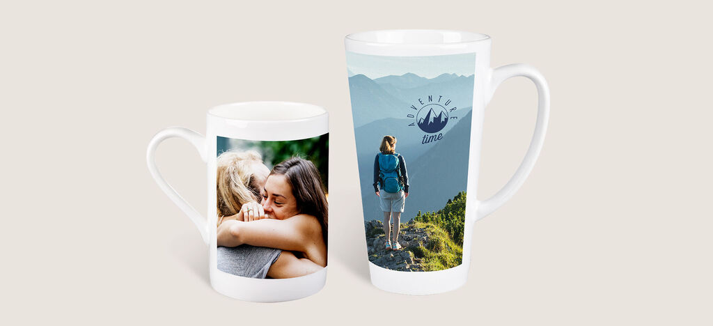 tazas personalizadas con fotos de varios tamaños y botellas con fotos.