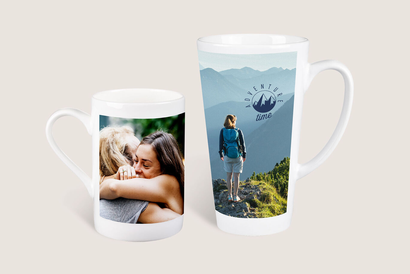 tazas personalizadas con fotos de varios tamaños y botellas con fotos.
