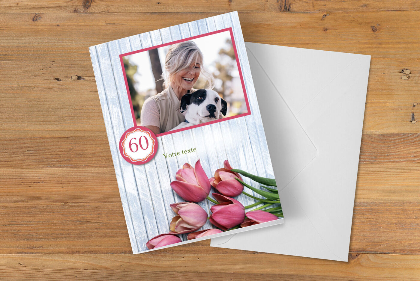 Tarjeta de cumpleaños con cariño para el 60 cumpleaños, con una persona y un perro.