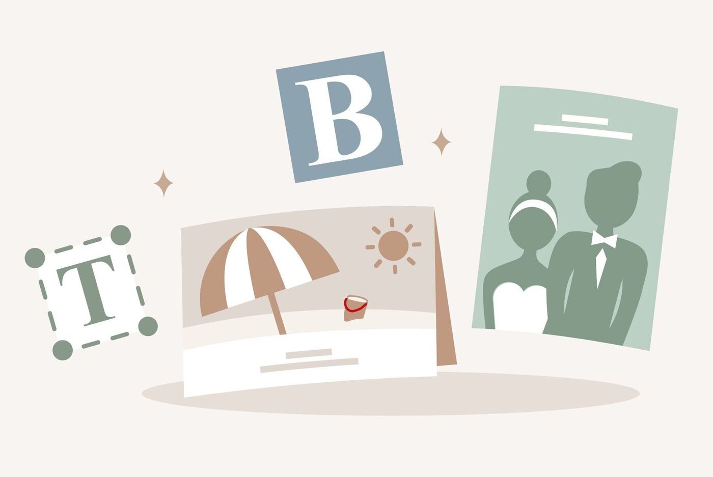 Gráfico creativo con diversos elementos de diseño para productos fotográficos personalizados.