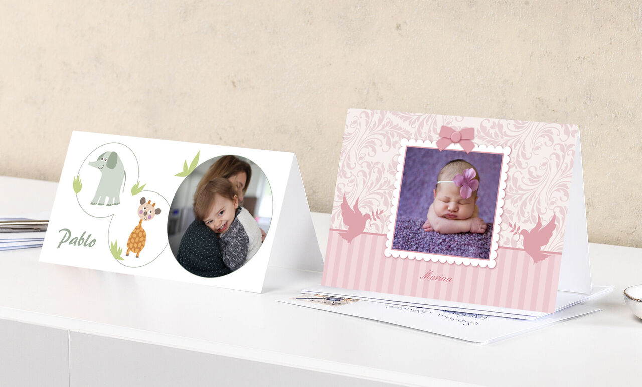 Tarjetas de saludo alegres con motivos de animales y fotos de bebés.