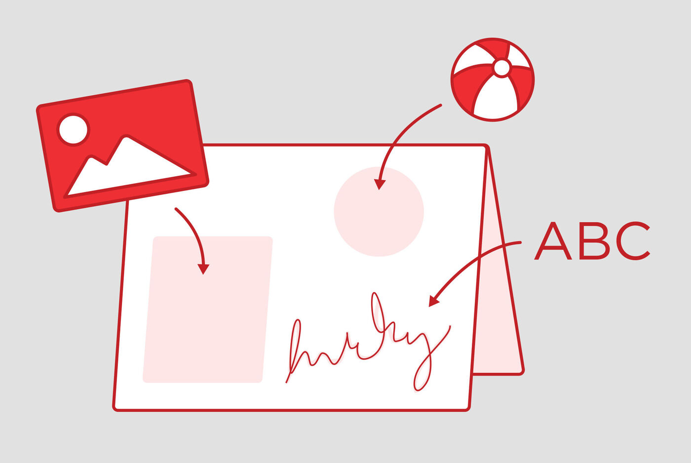 Gráfico que muestra una tarjeta de felicitación con espacio para fotos y notas personales.